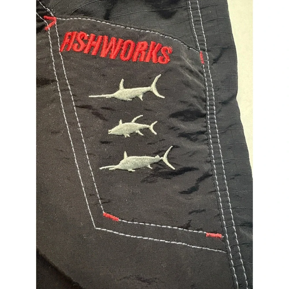 Fishworks Board Shorts 36 Black Ripstop Nylon Embroidered Fishing Cargo Shorts